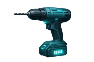 Cordless power drill displaying a futuristic design and full battery charge indication on transparent background