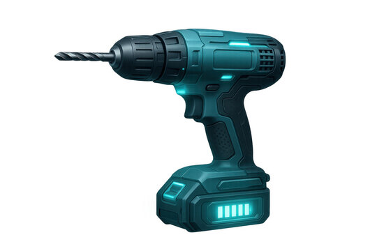 Cordless power drill displaying a futuristic design and full battery charge indication on transparent background