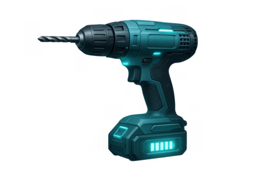 Cordless power drill displaying a futuristic design and full battery charge indication on transparent background