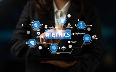 A business professional showcases the concept of AI ethics through digital icons, emphasizing safety, privacy, legality, and deployment in a modern corporate setting. Tessel