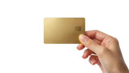 A hand proudly presents a pristine, blank golden payment card, symbolizing premium banking, exclusive financial access, and a secure future of cashless transactions against a clean white background