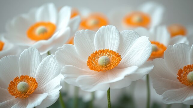 A vibrant close-up photograph showcasing white flowers featuring prominent orange centers. The blurred background emphasizes the beauty and detail of the blossoms.
