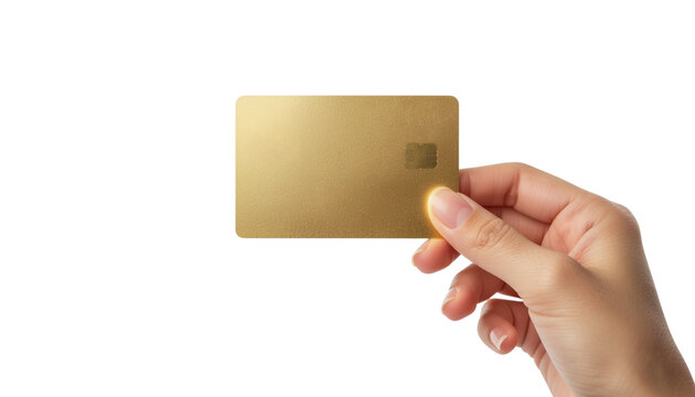 A hand proudly presents a pristine, blank golden payment card, symbolizing premium banking, exclusive financial access, and a secure future of cashless transactions against a clean white background