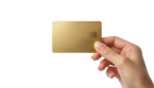 A hand proudly presents a pristine, blank golden payment card, symbolizing premium banking, exclusive financial access, and a secure future of cashless transactions against a clean white background