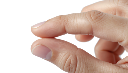 Detailed close-up of a human hand with thumb and index finger held together to show a small size or hold a tiny object