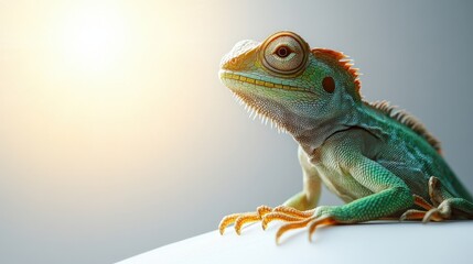 Obraz premium A vividly colored lizard with yellow markings rests on a polished surface, its focused gaze suggesting curiosity and observation. A striking reptilian subject.