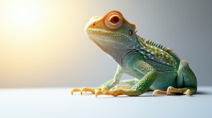 A captivating close-up shot of a green lizard with orange markings, highlighting its textured scales and attentive eyes. Soft lighting accentuates the detail and vibrancy of the reptile's features.