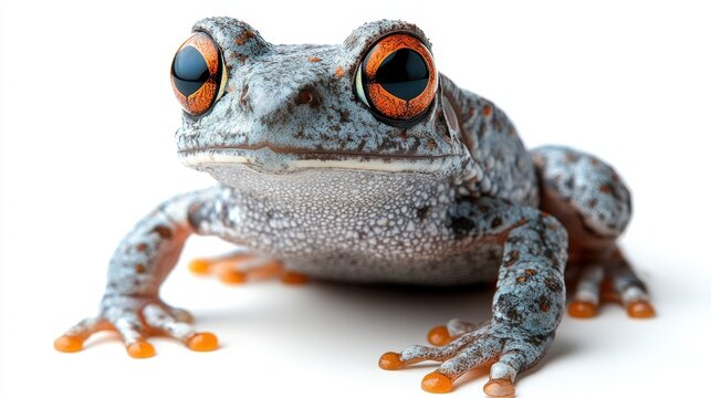 A detailed close-up shot of a frog featuring vibrant orange eyes set against a clean white backdrop. The image highlights the frog's captivating eyes and offers a sharp, focused view.