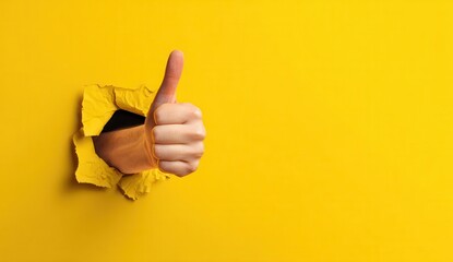 Hand showing thumbs up gesture through torn yellow paper background with copy space
