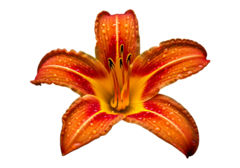 Orange daylily flower with water droplets isolated on transparent background