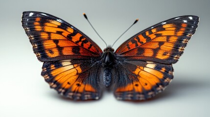 A vibrant butterfly with orange and black wings rests on a smooth surface. The butterfly's delicate structure is emphasized by a muted background, creating a visually striking image.