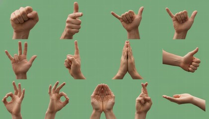 hand gestures set isolated on greenscreen background
