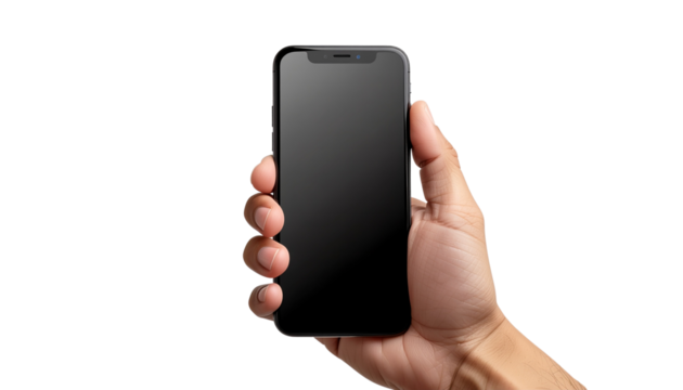 A person's hand holding a modern black smartphone with a blank screen, isolated on a clean white background for mockup purposes