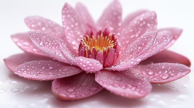 A delicate pink lotus flower adorned with dew drops sits serenely on a white background, evoking feelings of tranquility and natural beauty. - Powered by Adobe