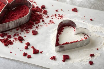Heart shaped cookie cutter with red velvet dough on white paper