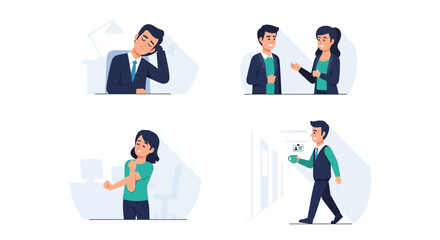 Vector illustration set showing office workers feeling tired, talking, stretching, and taking a coffee break at work.