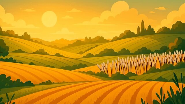 A vibrant, cartoon-style illustration of rolling yellow fields at sunset, with wheat or grain in the foreground and patchwork hills in the distance. The golden sky and stylized landscape evoke a cheer