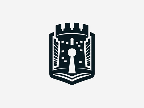 Geometric modern tower crest black vector logo with architectural lines and heraldic shield for tech company identity