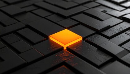 An orange square stands out from the array of uneven black rectangles with subtle light refraction and dark depths