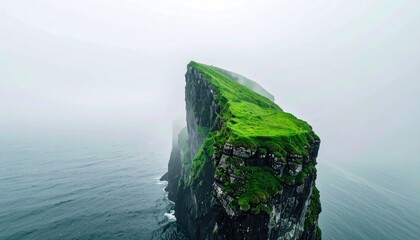 Verdant clifftop plunges into a misty ocean, showcasing a remote, rugged landscape under an overcast sky