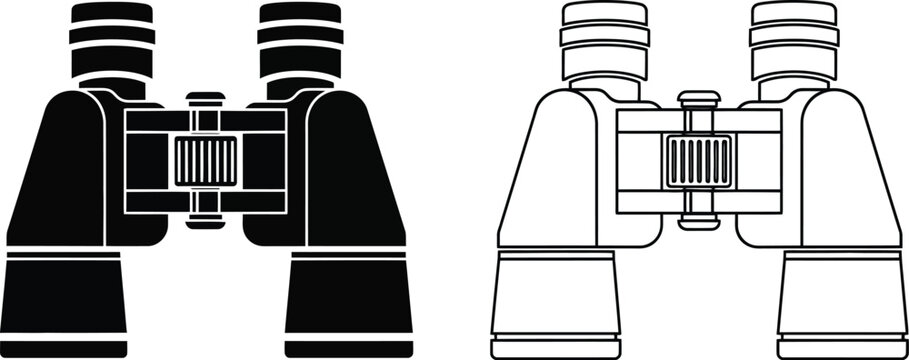 Black and white line art illustration of a pair of binoculars