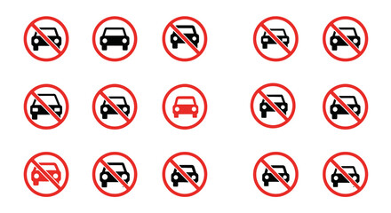 A collection of signs indicating that cars are not allowed in the area.