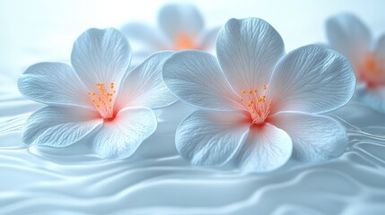 Delicate white flowers with vibrant orange centers create a stunning contrast against a soft blue backdrop. This image evokes feelings of serenity and beauty.