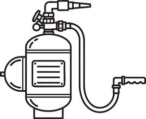 A detailed line art illustration of a portable fire extinguisher with a hose nozzle and valve assembly.