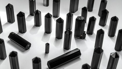 Naklejka premium Black tourmaline crystals arranged on a white surface with contrasting light photo