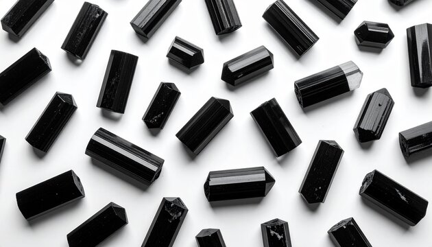 Black tourmaline crystals arranged on a white surface with contrasting light photo - Powered by Adobe