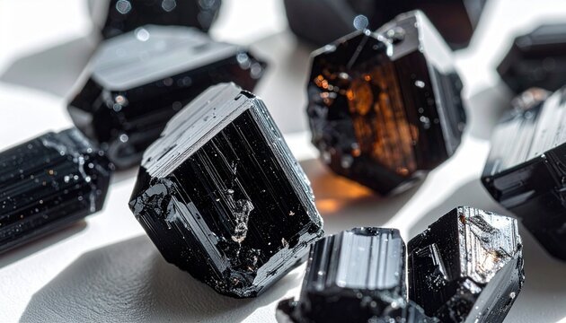 Black tourmaline crystals arranged on a white surface with contrasting light photo