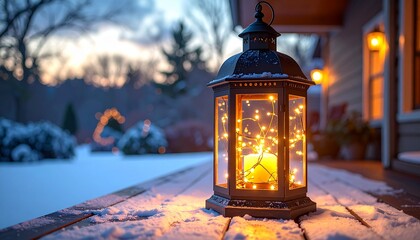 A lantern with a candle glows on a snowy porch, casting a warm light on a winter evening.