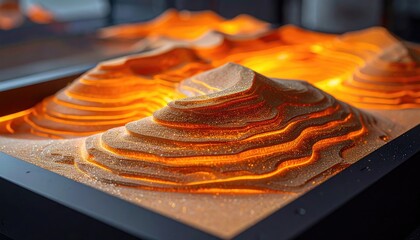 Lit layered sand dunes inside a square black frame glow with warm orange light, creating a miniature landscape