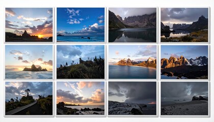 Collage of landscapes with varied lighting and sky conditions showcasing diverse mountain and coastal terrains