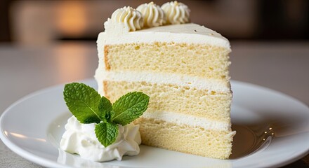 Delicious White Cake with Creamy Frosting and Fresh Mint Garnish