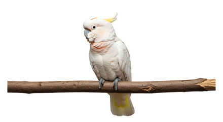 White cockatoo bird, with yellow crest perched on a wooden branch, cutout, PNG isolated on white or transparent background
