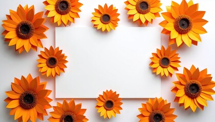 Bright orange sunflower blossoms artfully surround a crisp white rectangular canvas on an off-white surface