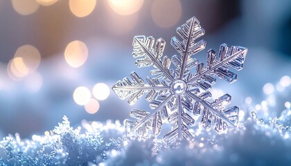 Close-up of a delicate snowflake resting on a bed of snow, with soft, blurred lights in the background.