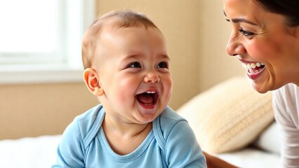 Joyful bonding moment A mother and baby share a heartwarming laugh, playing peek-a-boo, creating a cherished memory of love and happiness