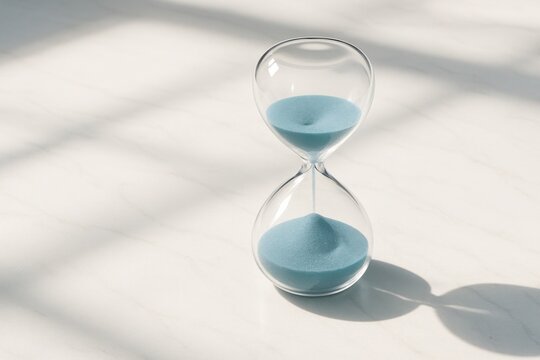 Timeless Passage: An hourglass, with blue sand elegantly flowing, casts shadows upon a clean surface, creating a visual symphony of time's ceaseless march.