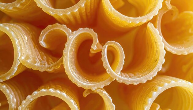 Close-up of curled, ridged pasta. Golden hue, soft texture, nested arrangement, abstract design, and inviting food photography