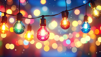 Colorful string lights illuminate a festive scene with bokeh background, creating a joyful ambiance.