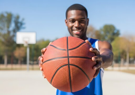 Smiling African American Man Holding Basketball Out on Sunny Outdoor Court | Sport and Fitness