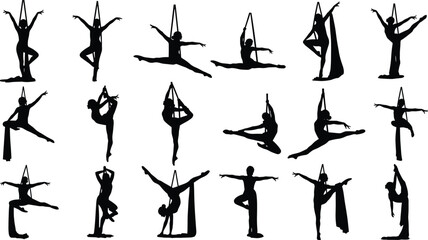 Aerial Silk Silhouettes Set of Female Acrobat Performing Artistic Gymnastics Poses on Hanging Ribbons Vector Illustration