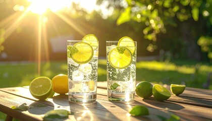 Sparkling lemon drinks on rustic wood in sunny garden, sliced citrus fruits scattered around, bathed in golden light