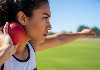Determined Female Shot Put Athlete Preparing to Throw in Stadium | Track and Field and Competition