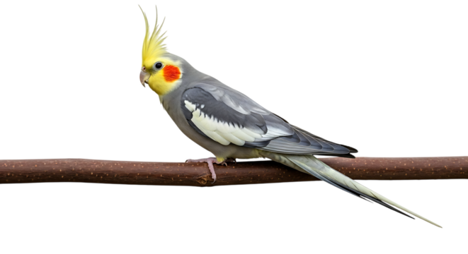 Cockatiel bird, with yellow crest and orange cheek patches perched on a branch, cutout, PNG isolated on white or transparent background