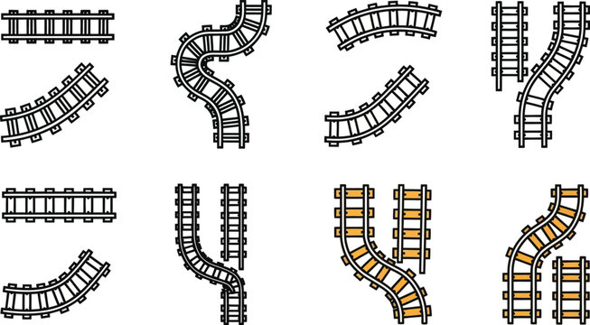 Various train track pieces arranged in different configurations for railway construction