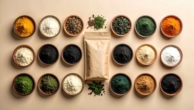 Rows of bowls with assorted colored powders, next to a kraft paper bag on a beige background