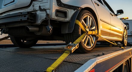 Vehicle being loaded onto a tow truck with yellow straps securing it, showcasing the transport process and the importance of roadside assistance and safety measures